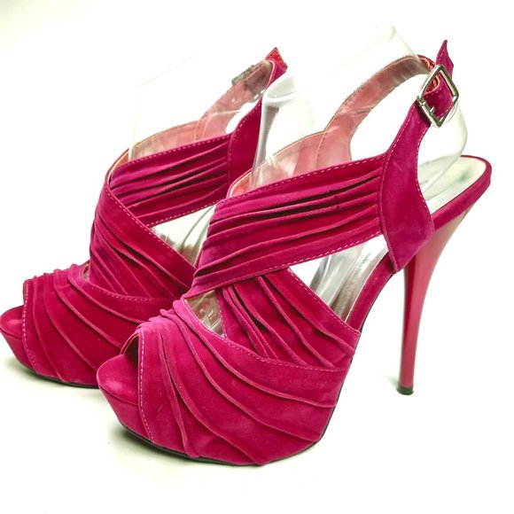 Qupid Fuchsia suede platform open toe 5.5" stilett - Picture 1 of 9